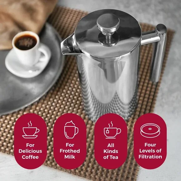 Mueller Living French Press Coffee Maker 34oz, Stainless Steel, Double Insulated - Picture 3 of 10